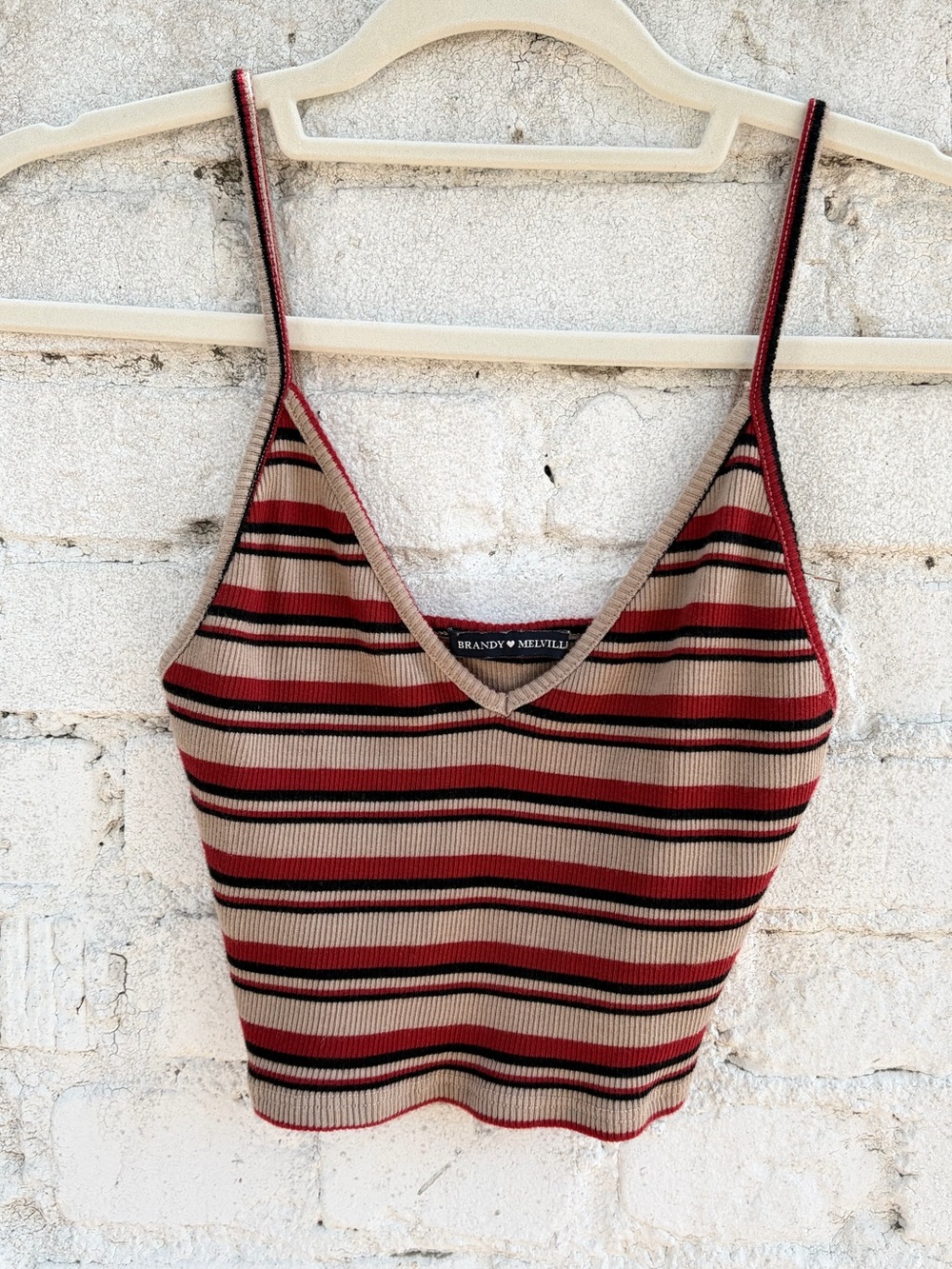 Brandy Melville Red, Tan & Black Striped Ribbed V-Neck Tank